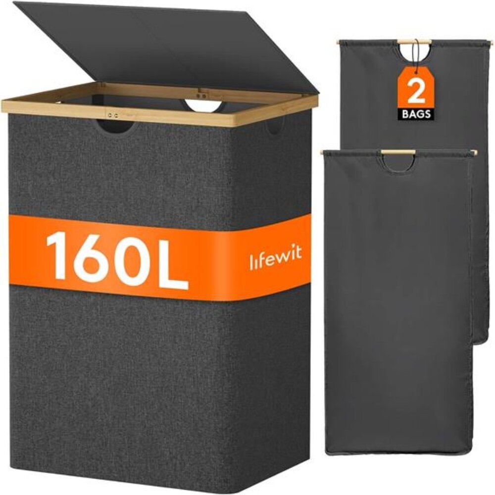 160L Double Laundry Hamper with Lid, Extra Large Bamboo Laundry Basket Organizer